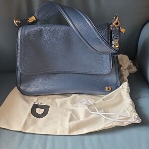 New--DANIER Blue Leather Shoulder Bag with Gold Accent